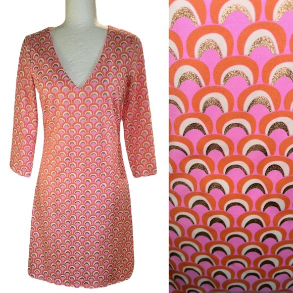 JB by Julie Brown Pink Orange Metallic Gold Geometric Print V-Neck Mini Dress  S - Picture 1 of 12